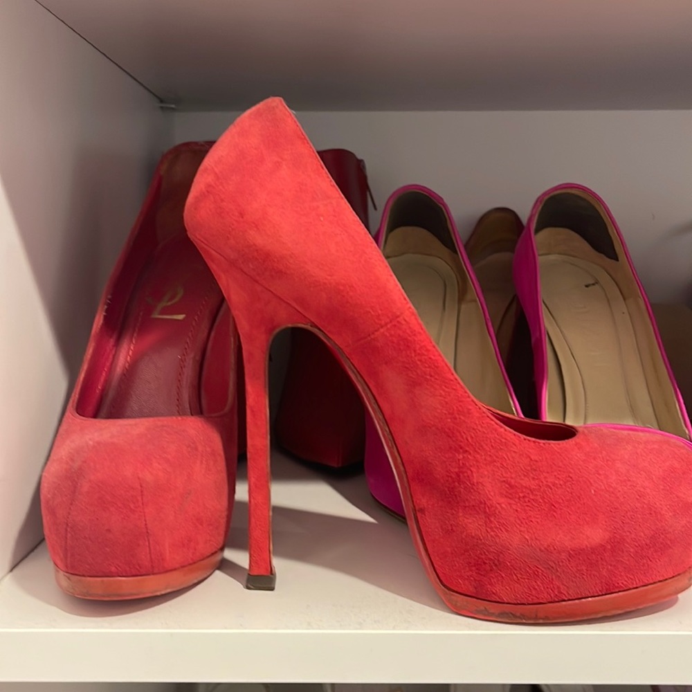 Red YSL platform suede pumps